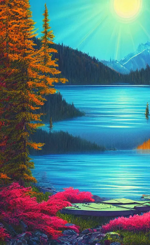 Image similar to beautiful award winning synthwave painting of a canadian lake, extreme detail, digital art, 4 k, ultra hd