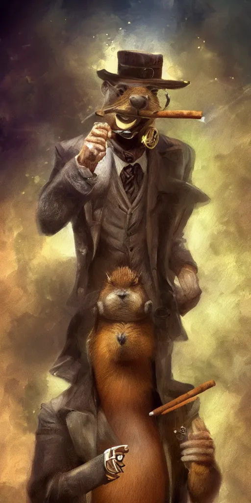 Image similar to oil painting of anthropomorphized capybara smoking a cigar, detective clothes, close shot, full body, dark steampunk mine shaft background, sharp focus, fantasy style, octane render, volumetric lighting, 8k high definition, highly detailed, trending on art Station, dungeons and dragons artwork, centered