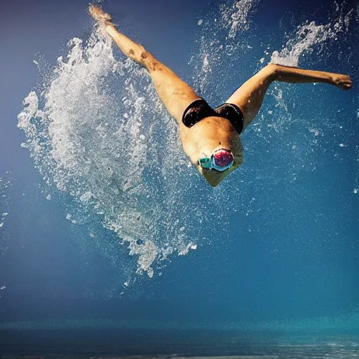 Image similar to hyperealistic of a perfect dive, swimming