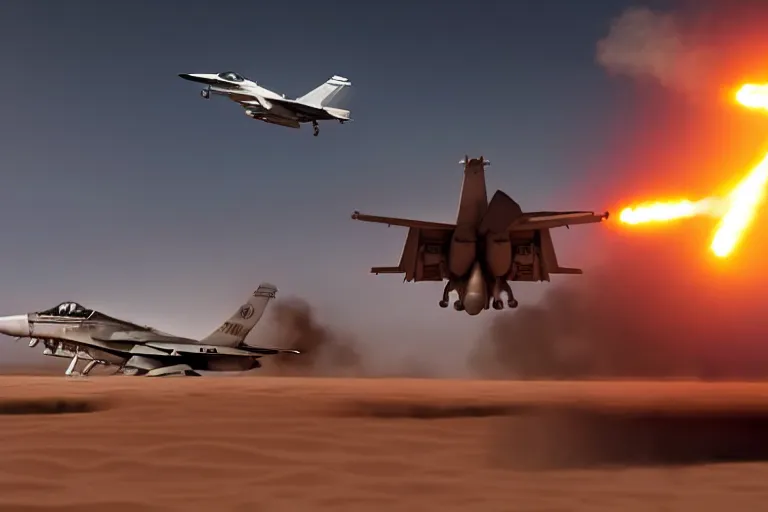 Image similar to a gritty hyperdetailed photorealistic f - 1 8 hornet ground attack aircraft shooting a missile at a small group of vehicles in the desert, volumemetric lighting, cinematic framing, cinematatic lighting, cinematic shadows, in the style of top gun maverick