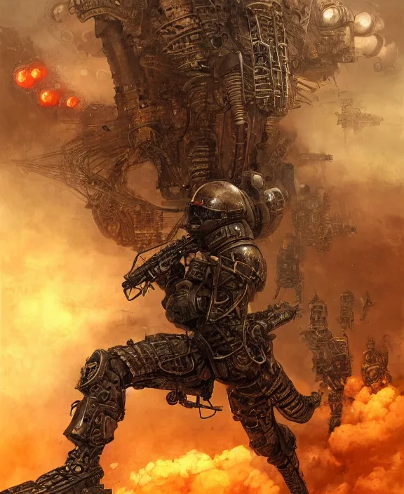 Image similar to a soldier in steampunk armour charging the enemy amongst powerful explosions, by HR Giger and Beksiński and Stephan Martiniere , 4k resolution, detailed, trending on artstation