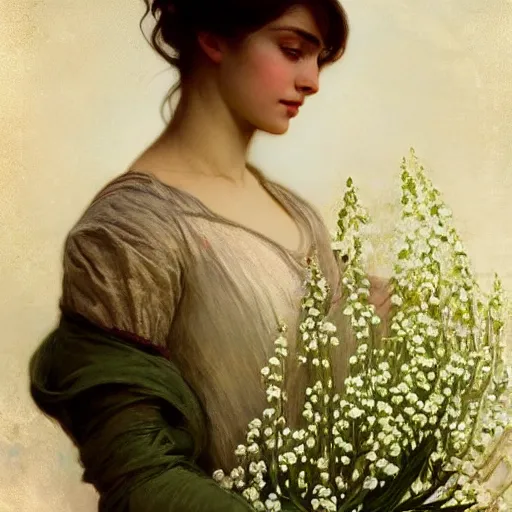 Prompt: a beautifull intricate woman with lily of the valley, reflexions, verry high details by william turner art, greg rutkowski and alphonse mucha, trending on artstation, very very detailed, masterpiece, - h 7 6 8