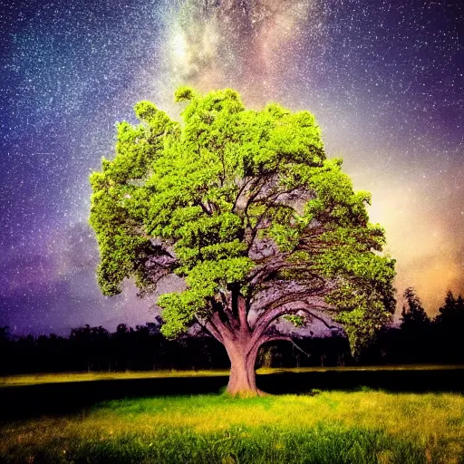 Prompt: incredible beautiful tree near the house, stars in the sky, very cozy, high quality photo