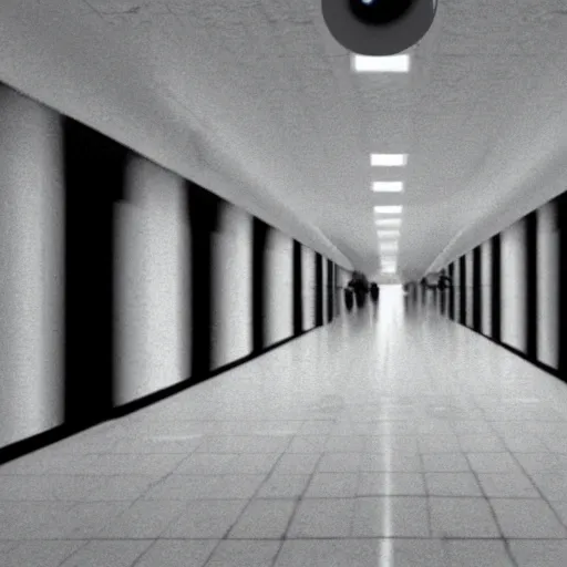 Prompt: cctv footage of government facility hallway distorted by gravitational lensing