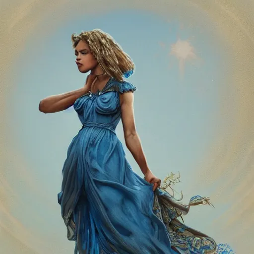 Image similar to full figure ultra realistic illustration, tessa thompson wearing a maiden blue dress, blonde flowy hair, old west, intricate, elegant, highly detailed, digital painting, artstation, concept art, smooth, sharp focus, illustration, art by artgerm and greg rutkowski and alphonse mucha