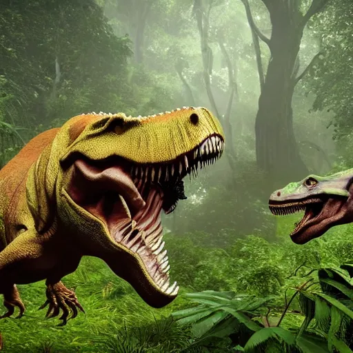 Image similar to unreal engine hyperreallistic render 8k of two trex tyrannosaurus rex dinosaurs fighting in the misty jungle action shot