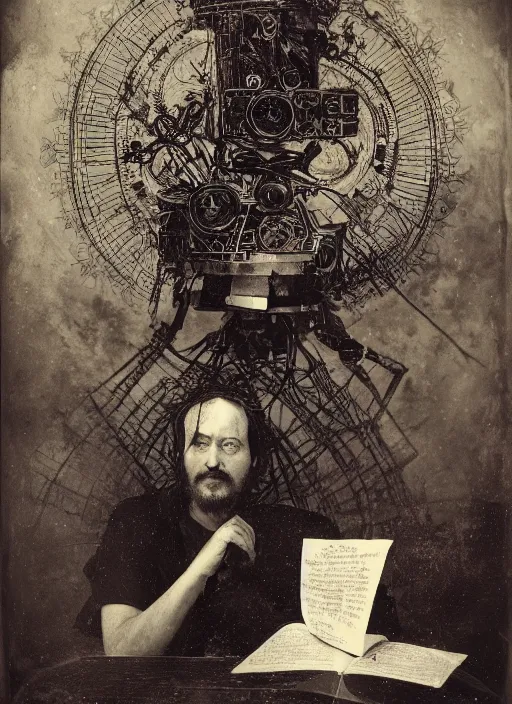 Image similar to old wetplate daguerreotype portrait of the birth of a genius musician, explosion of data fragments, fractal, intricate, elegant, highly detailed, parallax, leica, medium format, subsurface scattering, by jheronimus bosch and greg rutkowski and louis jacques mande daguerre