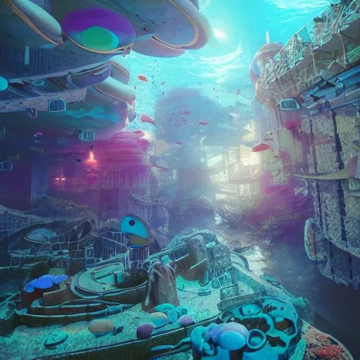 Prompt: underwater city with lots of activities going on, volumetric lighting, dynamic lighting, high detail photo realistic, 4k,hdr