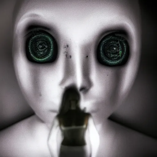 Prompt: A mannequin-esque figure with white glowing eyes, in a pitch black room, staring!!!!! into the camera, black background!!!!!, creepy atmosphere, eerie art style, photorealistic facial features, close-up!!!!!, macro image!!!!!, trending on artstation, 4k, 8k