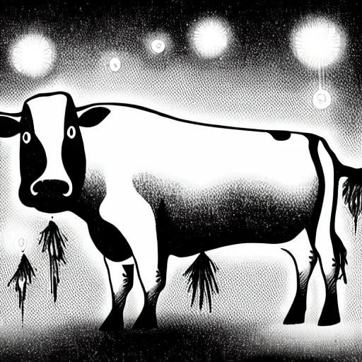 Image similar to alien abducting a cow black and white illustration