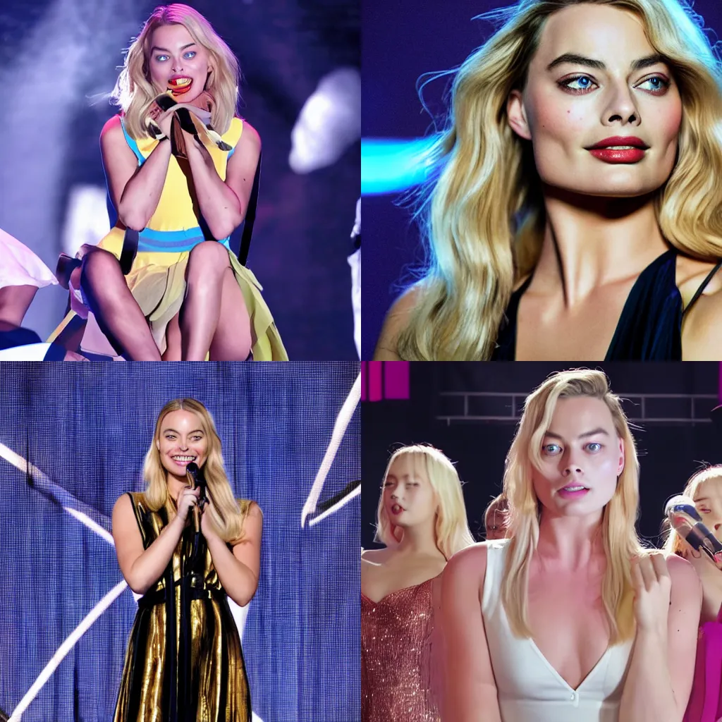 Prompt: margot robbie as a kpop star wide shot performing on stage wide shot model face