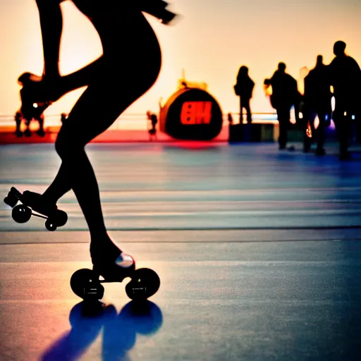 Prompt: a roller skater in a cinematic closeup. in santa monica at blue hour. canon eos c 3 0 0, ƒ 1. 8, 3 5 mm. 8 k. inspired by roger deakins cinematography