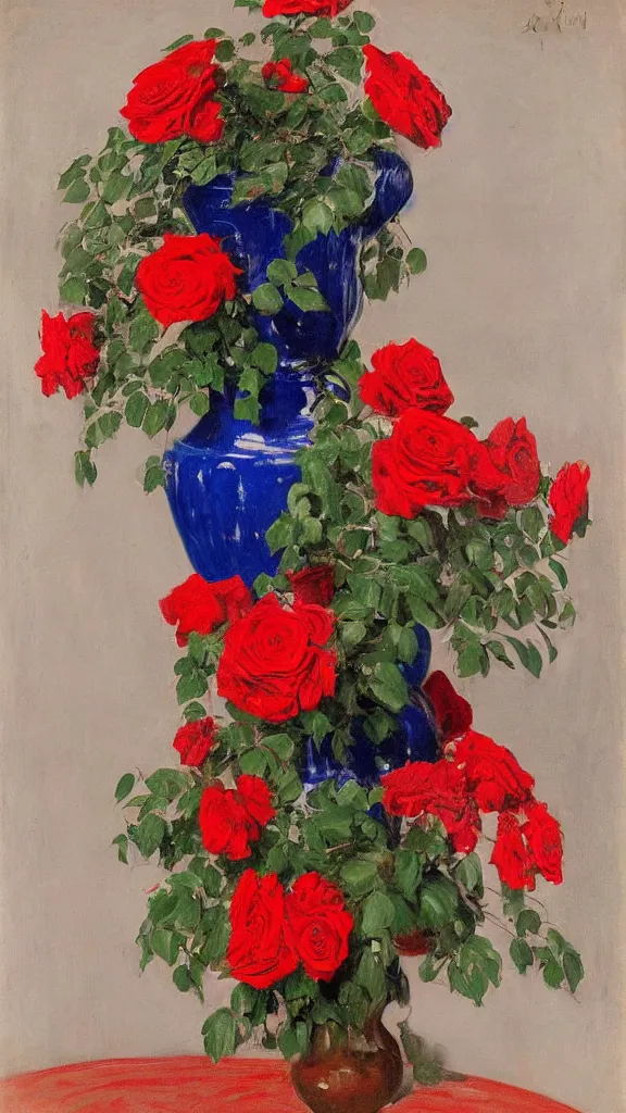 Image similar to portrait of rebekah delrio in lynch pattern, big persian detailed pot of red roses, blue and red lights painted by john singer sargent