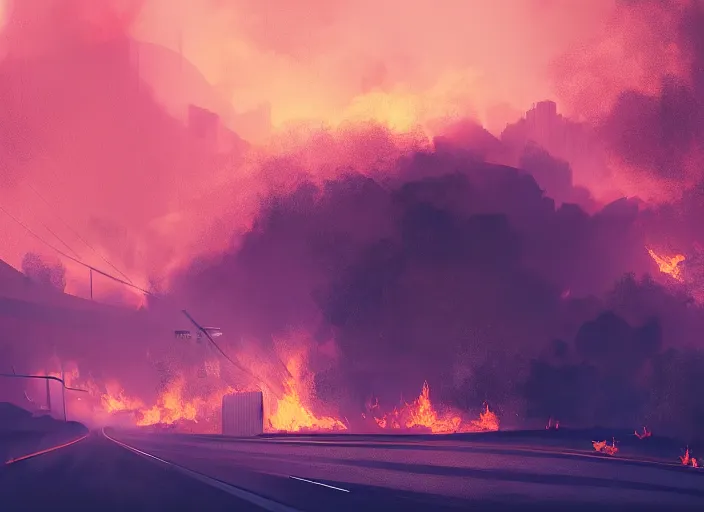 Image similar to beautiful and terrible fires of los angeles, atmoshperic, sharp focus, dark road, ghotic, huge lips, trending on artstation, intricate details