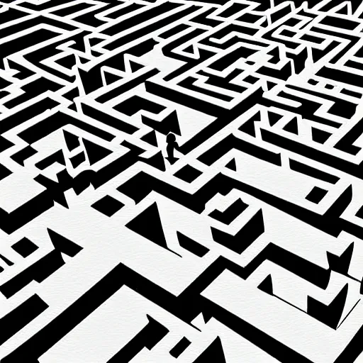 Image similar to people lost in a maze surreal painting monochrome isometric