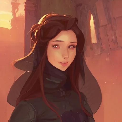 Image similar to portrait of a young beautiful woman with long dark brown hair, green eyes, tan skin, wearing a medieval rogue outfit, abandoned ruins landscape, nightime, fantasy rpg, ambient lighting, 8k, anime key visual, illustration, concept art, charlie bowater, lois van baarle, ilya kuvshinov, rossdraws, artstation