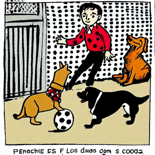 Prompt: illustration of french boy on the streets of paris playing football against a corgi, the dog is wearing a polka dot scarf, comic, 1 9 7 2