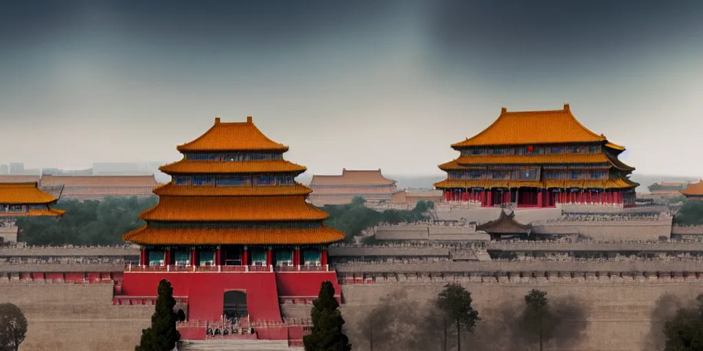 Prompt: a very high resolution image from a new movie, super fantasy shape of cyberpunk building and forbidden city, front view, photorealistic, photography, directed by wes anderson