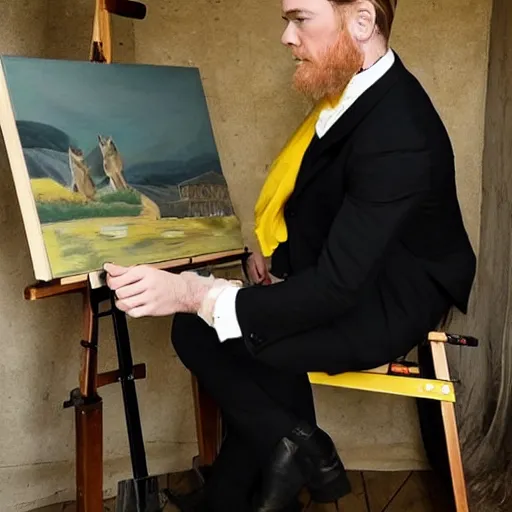 Image similar to clean shaven mcgregor is dressed as a gentleman at early 2 0 th century paris. he is watching an easel. that easel has a canvas on it. ewan mcgregor has a brush on his hand. he is painting a painting. there is a small brown cat with yellow eyes on ewan mcgregors feet. ewan mcgregor ´ s back