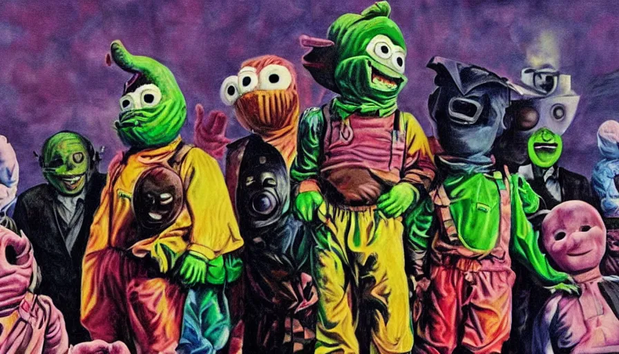 Image similar to beautiful lifelike painting of mf doom performing with slipknot and the teletubbies, hyperreal detailed facial features and uv lighting, art by ed roth and basil wolverton