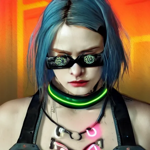 Image similar to detailed realistic cyberpunk female character cyberpunk wearing large steel collar around neck, realistic, art, beautiful, 4K, collar, choker, collar around neck, punk, artstation, detailed, female, woman, choker, cyberpunk, neon, punk, collar, choker, collar around neck, thick collar, choker around neck, wearing choker, wearing collar, bright neon punk hair,