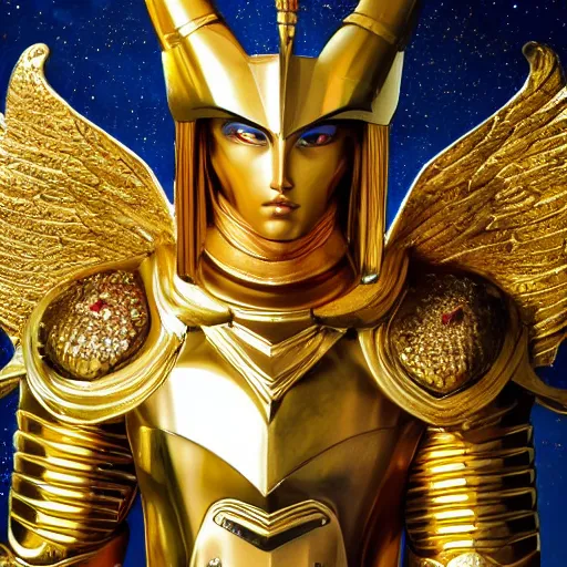 Image similar to A radiant, extreme long shot, photo of a 27-year-old Caucasian male wearing the Capricorn Gold Armor, Beautiful gold Saint, Jaw-Dropping Beauty, gracious, aesthetically pleasing, dramatic eyes, intense stare, immense cosmic aura, from Knights of the Zodiac Saint Seiya, inside the Old Temple of Athena Greece,4k high resolution, Detailed photo, Photoshopped, Award Winning Photo, Deep depth of field, f/22, 35mm, make all elements sharp, at golden hour, Light Academia aesthetic, Socialist realism, by Annie Leibovitz