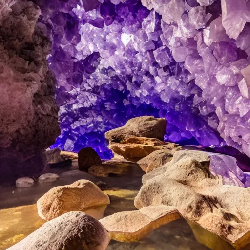 Prompt: photo inside an amethyst cave with a hot spring, highly detailed, 8k,