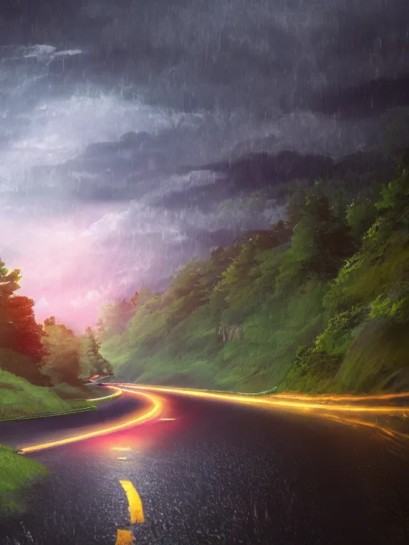 Prompt: photo of 8k ultra realistic beautiful winding road, small town, hills, pylons, heavy rain, full of colour, cinematic lighting, battered, trending on artstation, 4k, hyperrealistic, focused, extreme details,unreal engine 5, cinematic, masterpiece, art by studio ghibli