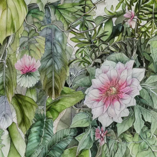 Image similar to delicate marble in a botanic garden, stony, puffy clouds, botanical herbarium paper, watercolor colored painting and pencil, iridescent colors, 8 k, realistic shaded, fine details, artstation, italian, colonnade, vines, flowers, gardena architecture, pompeii