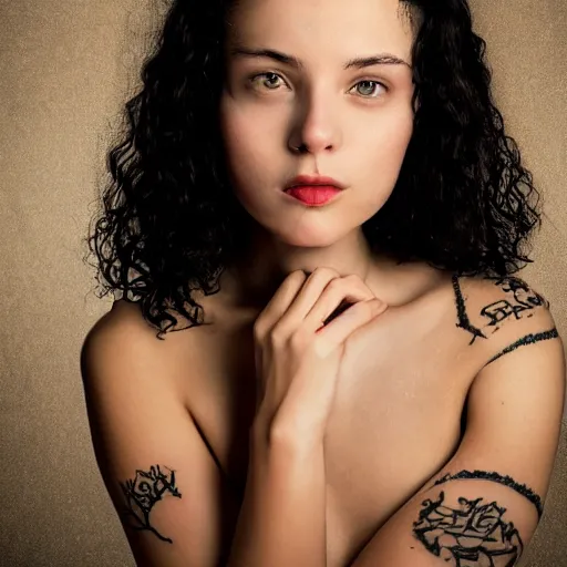 Prompt: portrait of a young lady with curly black hair with smal tattoo on neck, round face, thin lips, big brown eyes