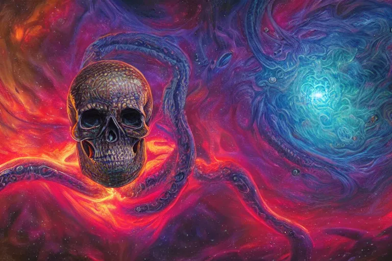 Image similar to a giant skull with eyes and lovecraftian tentacles emerging from a space nebula by dan mumford, smoke trails, digital art, photorealistic, vivid colors, highly detailed, intricate