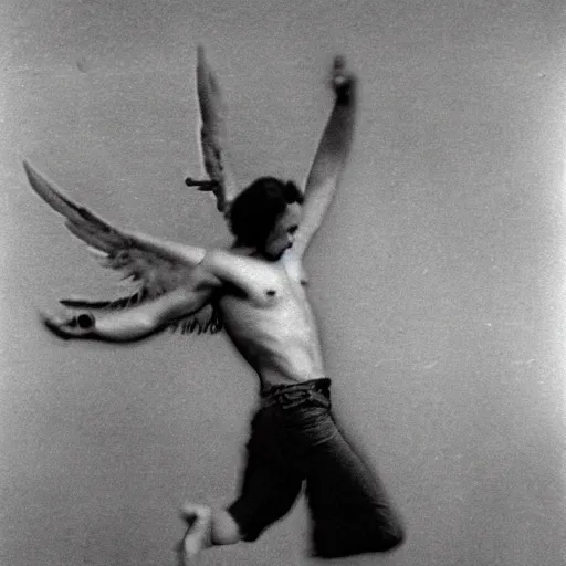 Prompt: The first known case of a man born with wings, circa 1982, colorized black and white photograph