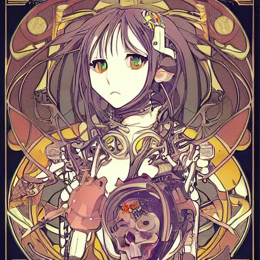 Image similar to anime manga skull portrait girl female robot cyborg mecha skeleton illustration detailed style by Alphonse Mucha pop art nouveau