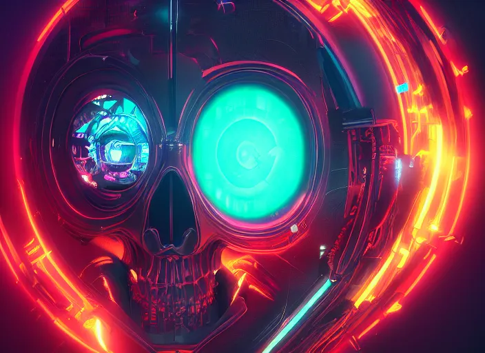 Image similar to a futuristic skull with glowing eyes and a wormhole tunnel, cyberpunk art by james jean, behance contest winner, computer art, darksynth, synthwave, rendered in cinema 4 d