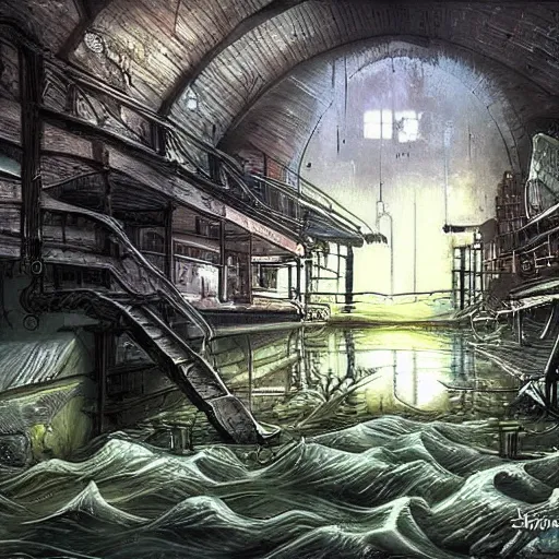 Image similar to drowned bandit lair, sewers, victorian, warehouse, fantasy art