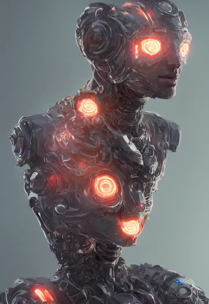 Image similar to a portrait of a benevolent android necromancer, aura of light, friendly, artificial intelligence, scifi, futuristic, highly detailed, trending on artstation, advanced technology, art by vitaly bulgarov and nivanh chanthara and lance wilkinson