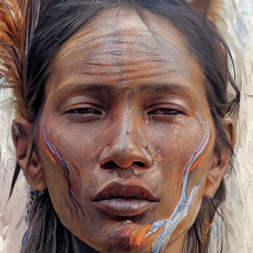 Image similar to high quality high detail painting by jenny saville, hd, a skinny beautiful indigenous woman tribe leader, hair in wind, many pretty feathers, photorealistic lighting