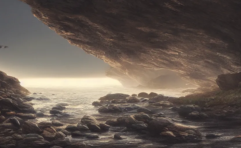 Image similar to exterior traveling greyhound bus circa 2 0 1 5, directed by charlie kaufman ( 2 0 0 1 ) anamorphic lenses, a rocky shore in the foreground, foggy volumetric light morning, a beam of light from the heavens, cinematic trending on artstation in the style of greg rutkowski