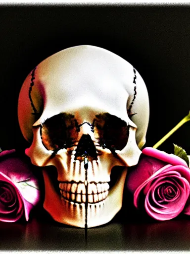 Image similar to still life of a skull, roses and a tarantula