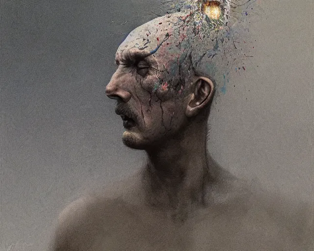 Prompt: A portrait of a man with an exploding head by Zdzisław Beksiński and Ilya Repin,In style of AbstractPainting.digital illustration,hyper detailed,sharp focus,4k