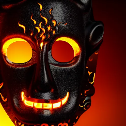 Image similar to an elaborate intricate mask made of flames on an obsidian slab, rendered in octane, behance hd, bokeh obsidian backdrop