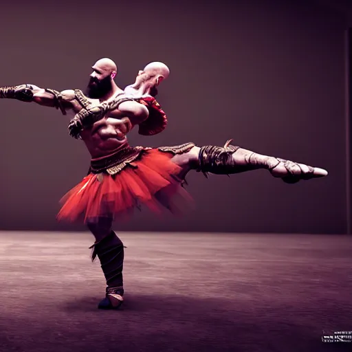 Image similar to kratos dancing ballet, wearing a tutu, ultra realistic, intricate details, highly detailed, photorealistic, octane render, 8 k, unreal engine.