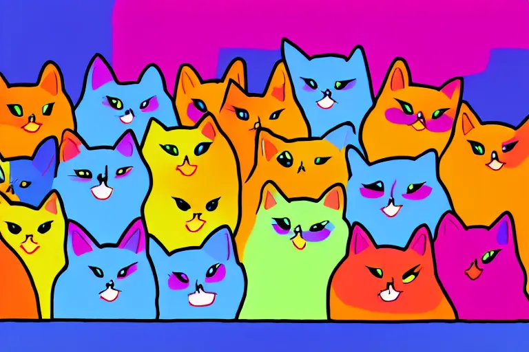 Image similar to bright, colurful, cartoon cats, facing directly, hypersaturated, various colors, ultra detailed, 8 k