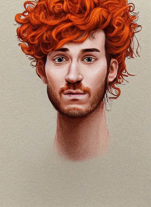 Image similar to illustration drawing of a curly orange hair man as a portrait, style by pixar, digital art, trending on artstation, behance, deviantart