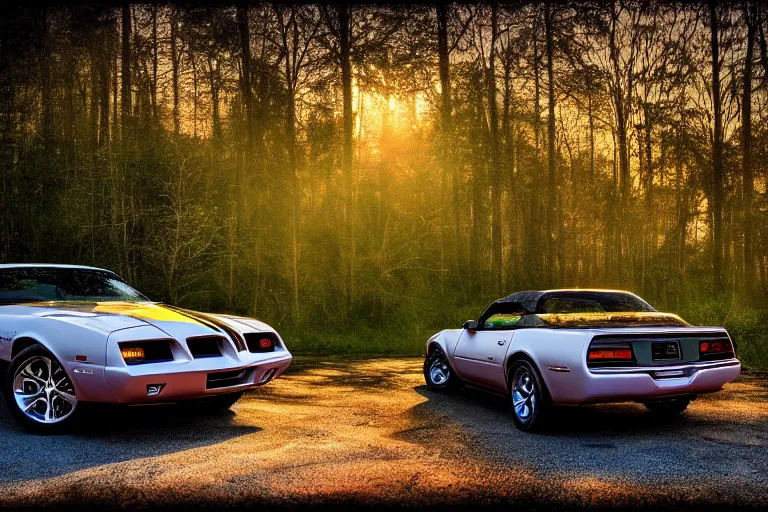 Image similar to pontiac firebird with grafitti tag on side, sunrise, dramatic, cinematic, forest, sunbeams, volumetric lighting, wide shot, low angle, pokemon looking at car