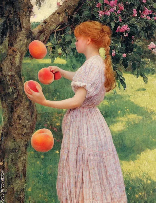 Prompt: peasant girl devour a peach, background of peach tree, portrait, lolita style, Cottage core, Cinematic focus, Polaroid photo, vintage, neutral colors, soft lights, foggy, by Steve Hanks, by Serov Valentin, by Andrei Tarkovsky, by Terrence Malick, 8k render, detailed, oil on canvas