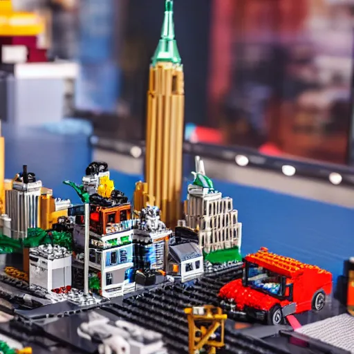 Image similar to detailed lego build of new york city on garage table, professional photo, professional lighting, HDR