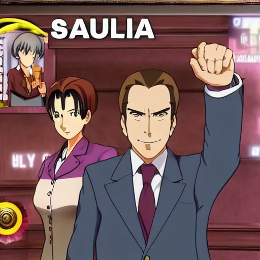 Prompt: A screenshot of Saul Goodman from ace Attorney, anime series