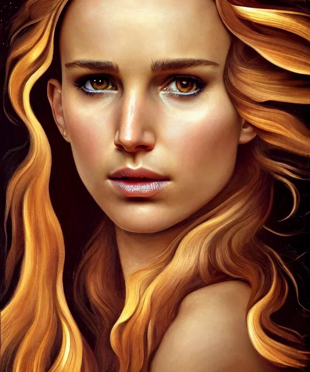 Prompt: half nathalie portman half Jennifer lawrence a fantasy magic woman portrait by Sandro Botticelli, oil painting masterpiece, sci-fi, loving amber eyes, face, long hair, fantasy, intricate, elegant, highly detailed, digital painting, soft diffuse lightning, concept art, smooth, sharp focus, illustration, art by artgerm and greg rutkowski and alphonse mucha