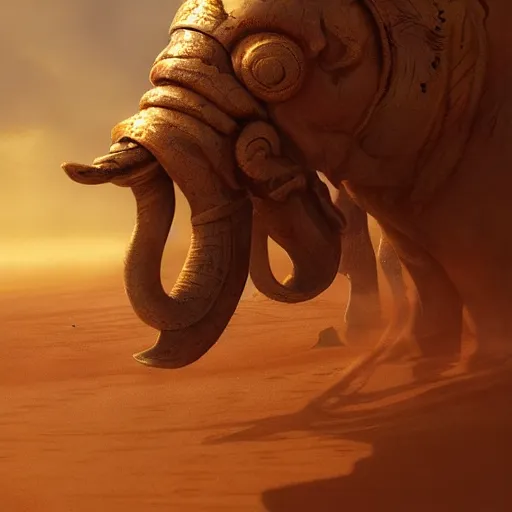 Image similar to golden mammoth in the dessert, artstation, midjourney, dall - e 2, cgsociety, cgi, digital, illustration, arts, realistic, awards winning, dramatic, cinematic, artistic, famous, detailed